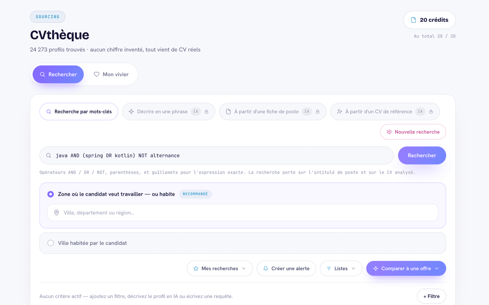 La CVthèque et ses quatre modes de recherche : mots-clés, description en une phrase, fiche de poste, CV de référence.