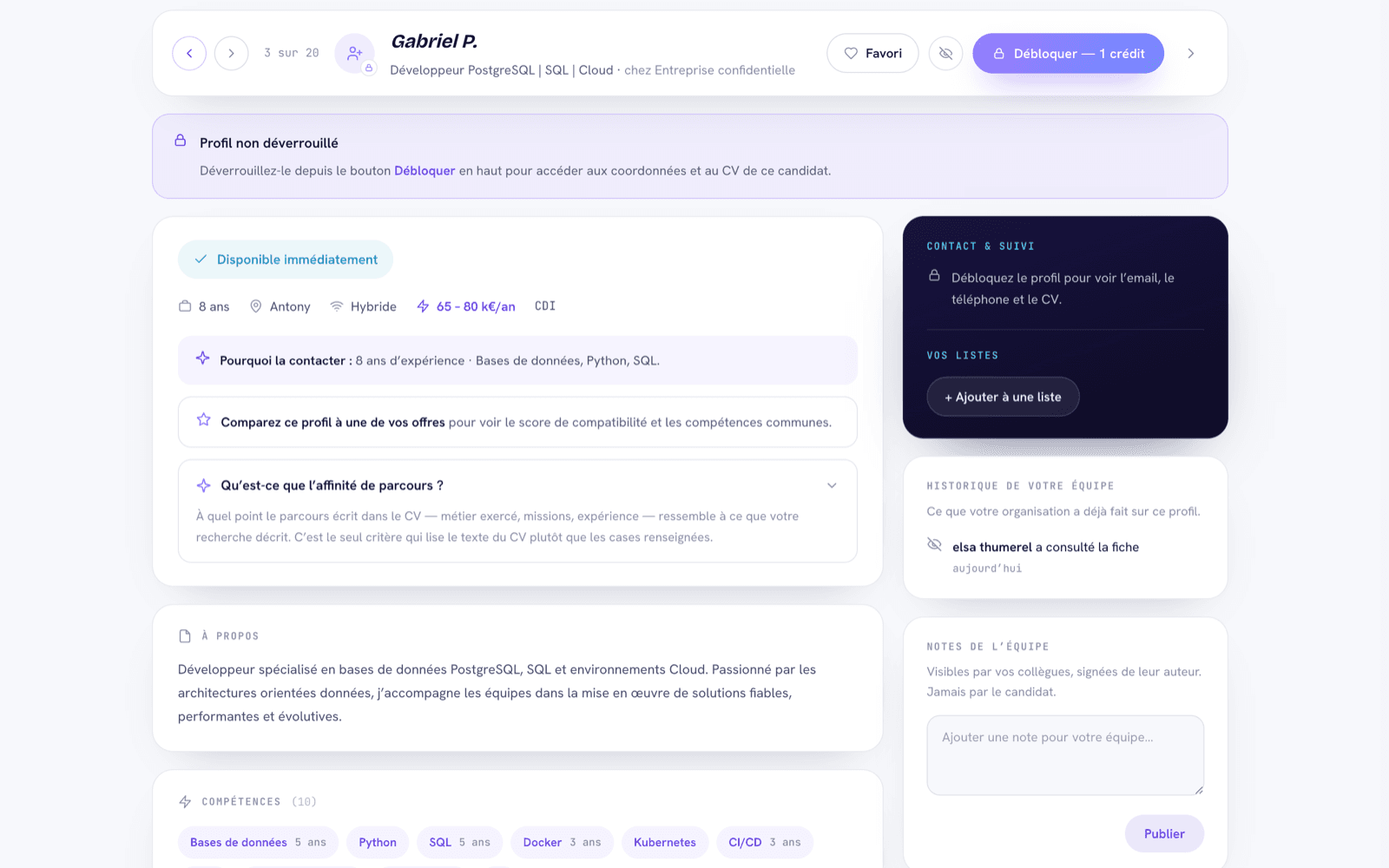 Une fiche profil : aperçu anonymisé, compétences avec ancienneté, expériences et suivi partagé avec l’équipe.